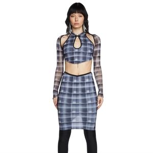 DOLLS KILL Women's two piece plaid mesh set grey blue NWT SOLD OUT